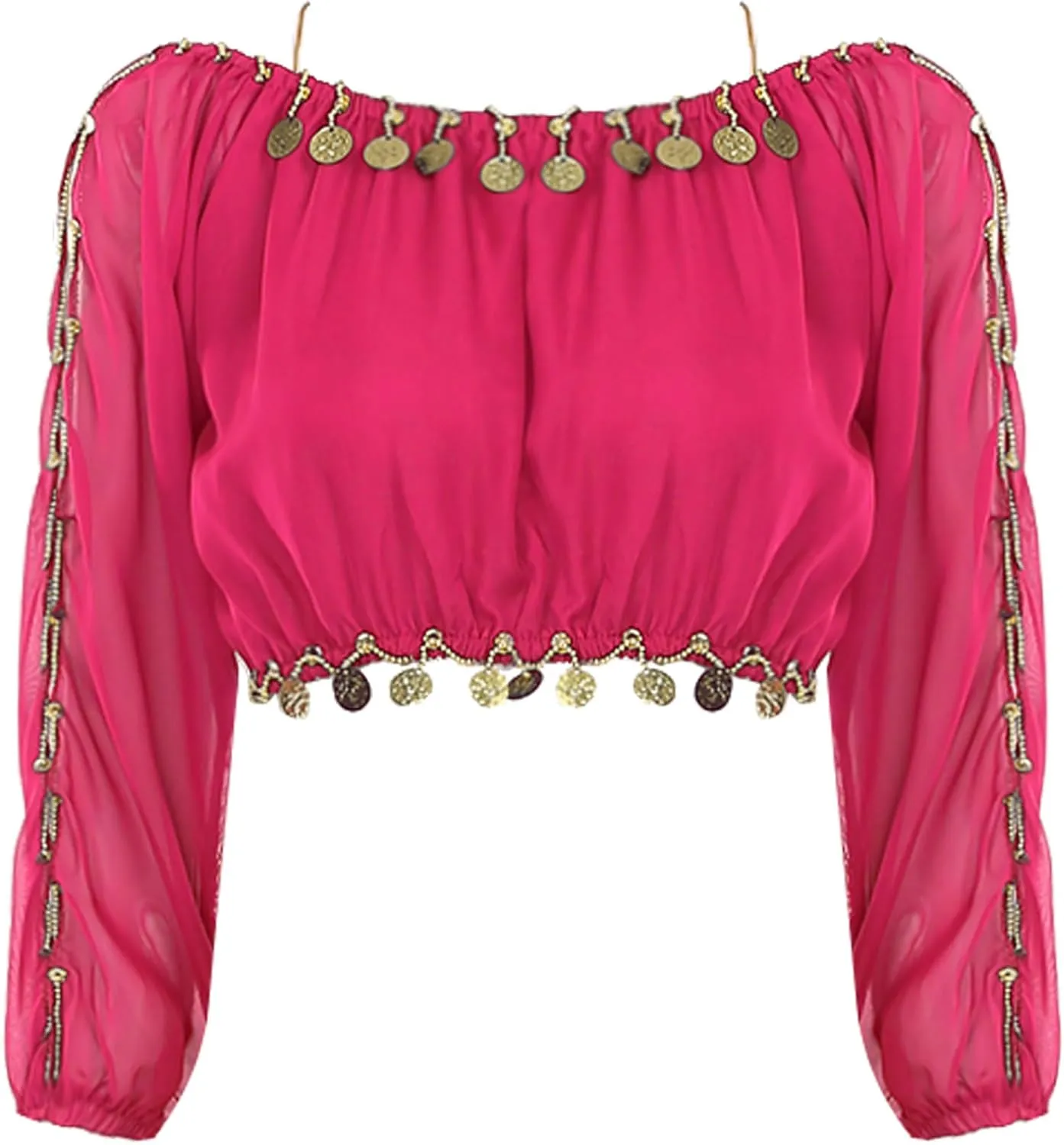 Belly Dance Performance Outfit for Women Long Sleeve Crop Top with Sequin Trim Ruffles Pants