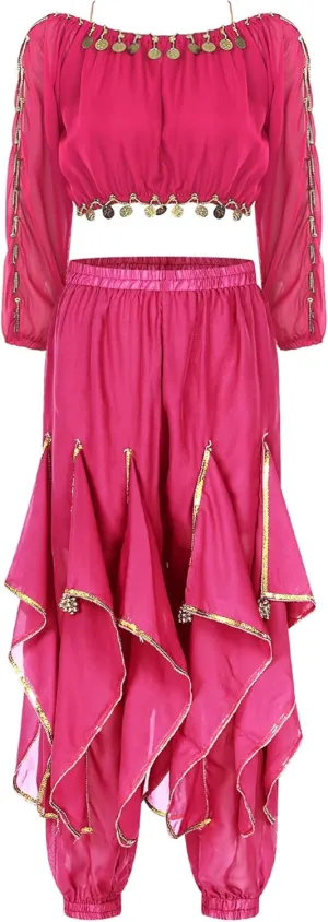 Belly Dance Performance Outfit for Women Long Sleeve Crop Top with Sequin Trim Ruffles Pants