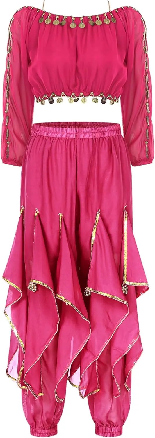 Belly Dance Performance Outfit for Women Long Sleeve Crop Top with Sequin Trim Ruffles Pants