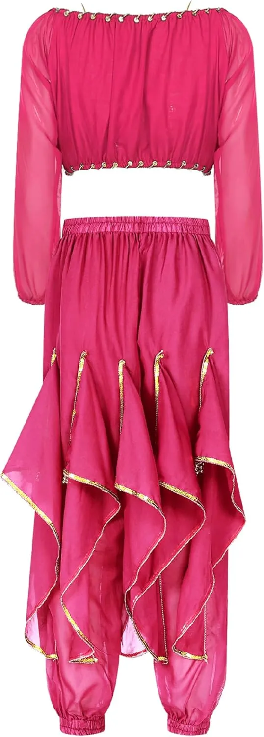 Belly Dance Performance Outfit for Women Long Sleeve Crop Top with Sequin Trim Ruffles Pants