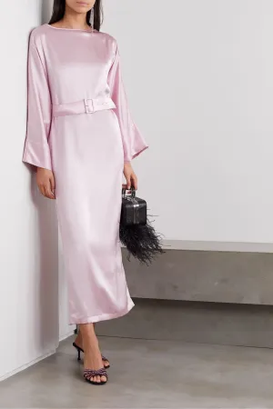 Belted silk-satin midi dress