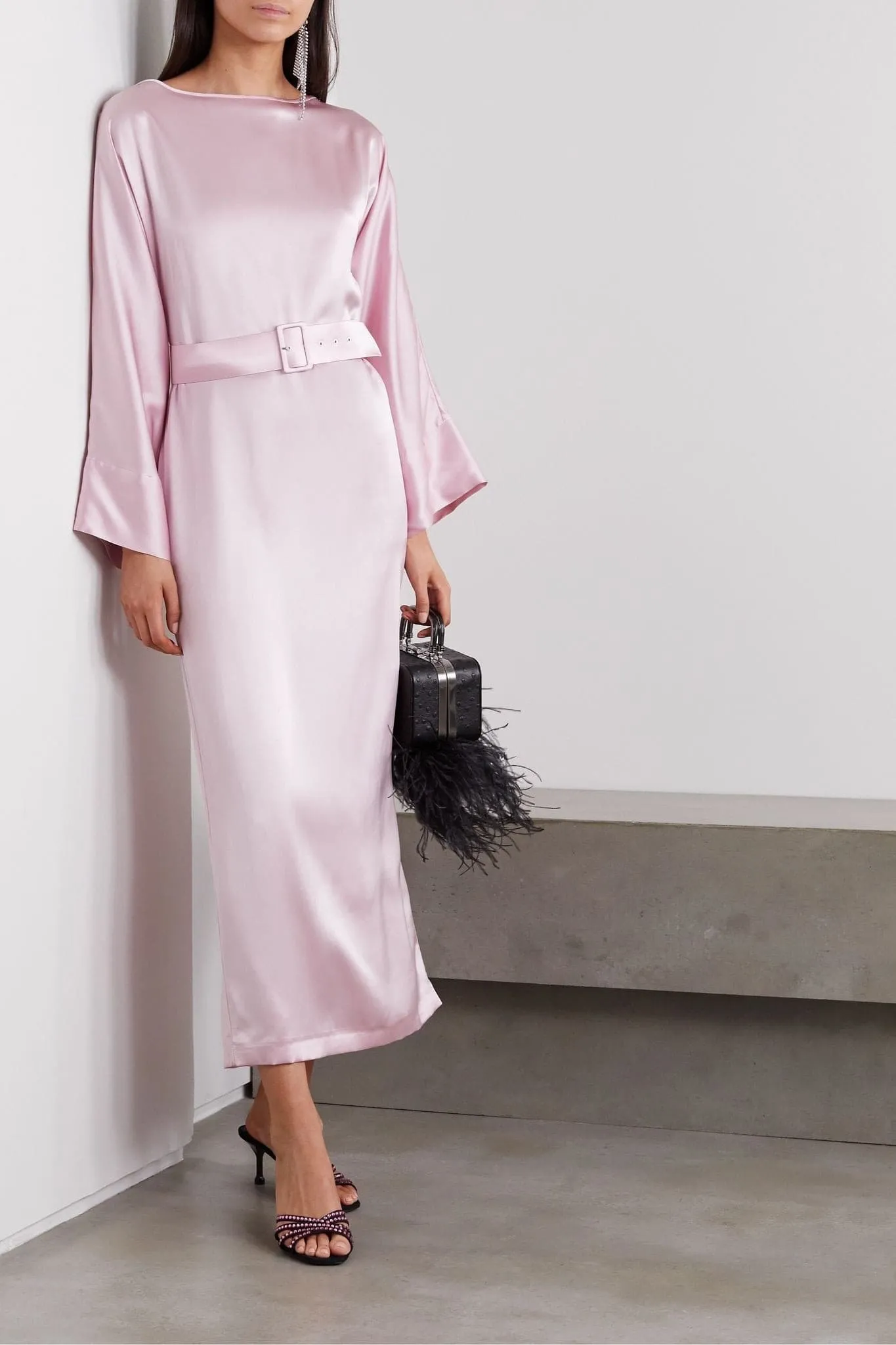 Belted silk-satin midi dress