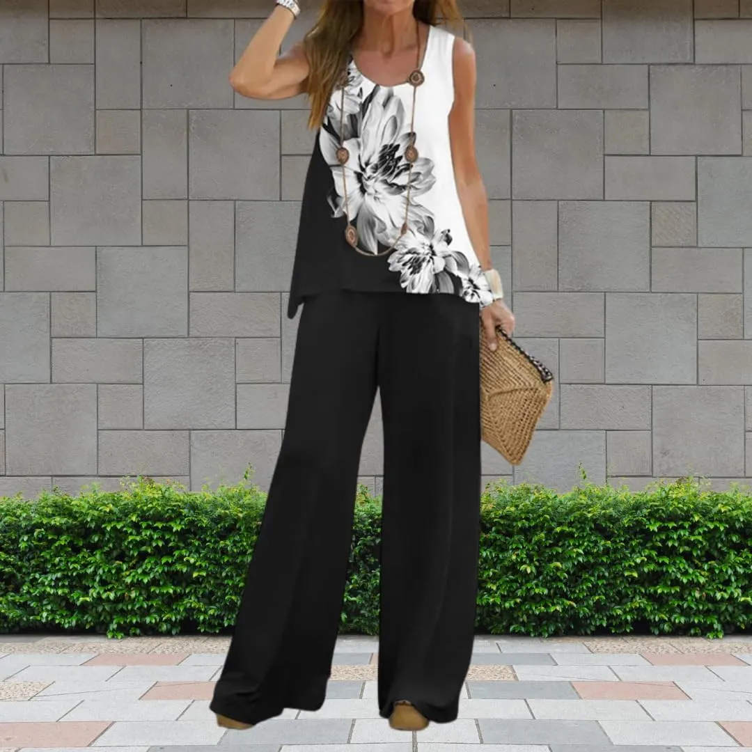 Bengbobar Women's 2 Piece Outfits Summer Boho Floral Sleeveless Crewneck Tank Tops and Wide Leg Pants Set Vacation