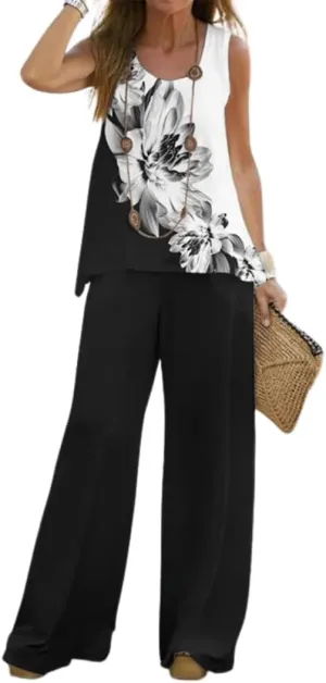 Bengbobar Women's 2 Piece Outfits Summer Boho Floral Sleeveless Crewneck Tank Tops and Wide Leg Pants Set Vacation