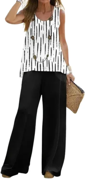 Bengbobar Women's 2 Piece Outfits Summer Boho Floral Sleeveless Crewneck Tank Tops and Wide Leg Pants Set Vacation