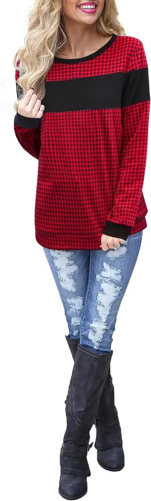 Blooming Jelly Women's Color Block Plaid Shirt Crewneck Sweatshirt Elbow Patches Pullover Sweatshirt Top