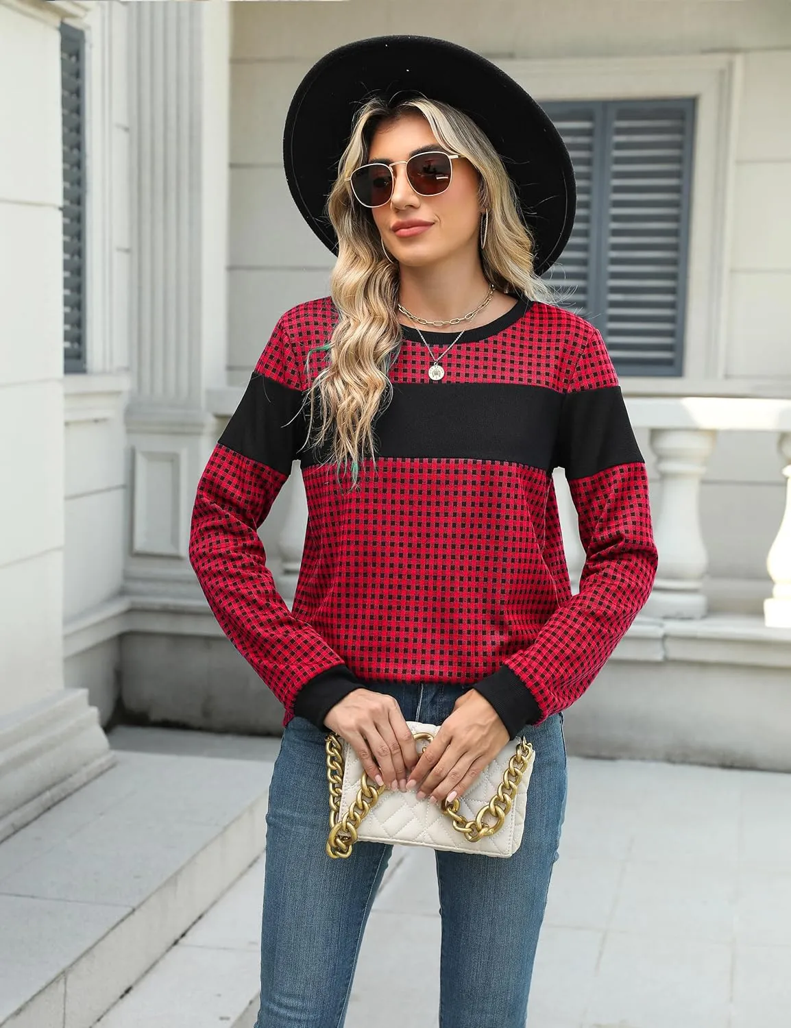 Blooming Jelly Women's Color Block Plaid Shirt Crewneck Sweatshirt Elbow Patches Pullover Sweatshirt Top
