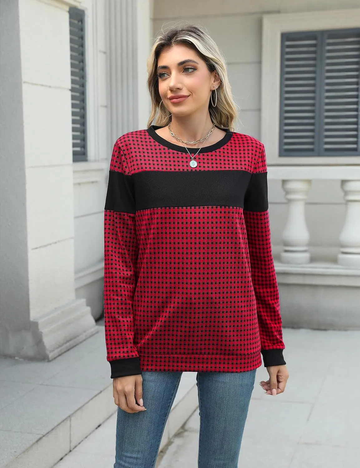Blooming Jelly Women's Color Block Plaid Shirt Crewneck Sweatshirt Elbow Patches Pullover Sweatshirt Top