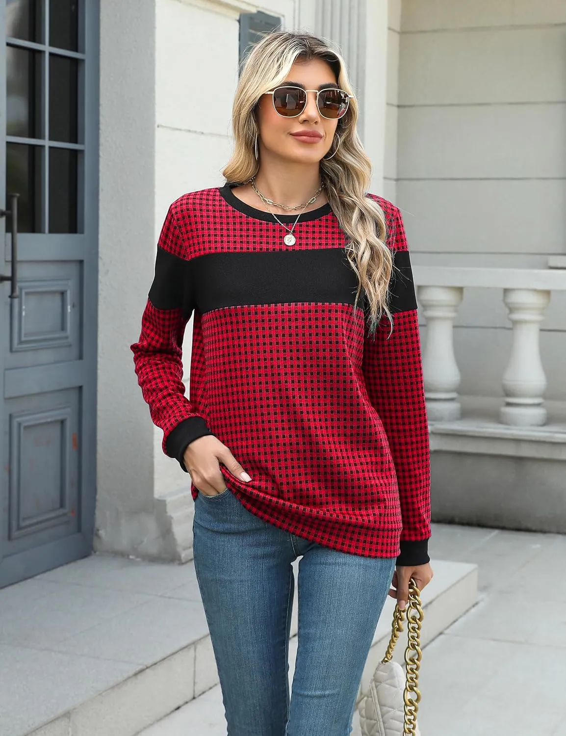 Blooming Jelly Women's Color Block Plaid Shirt Crewneck Sweatshirt Elbow Patches Pullover Sweatshirt Top