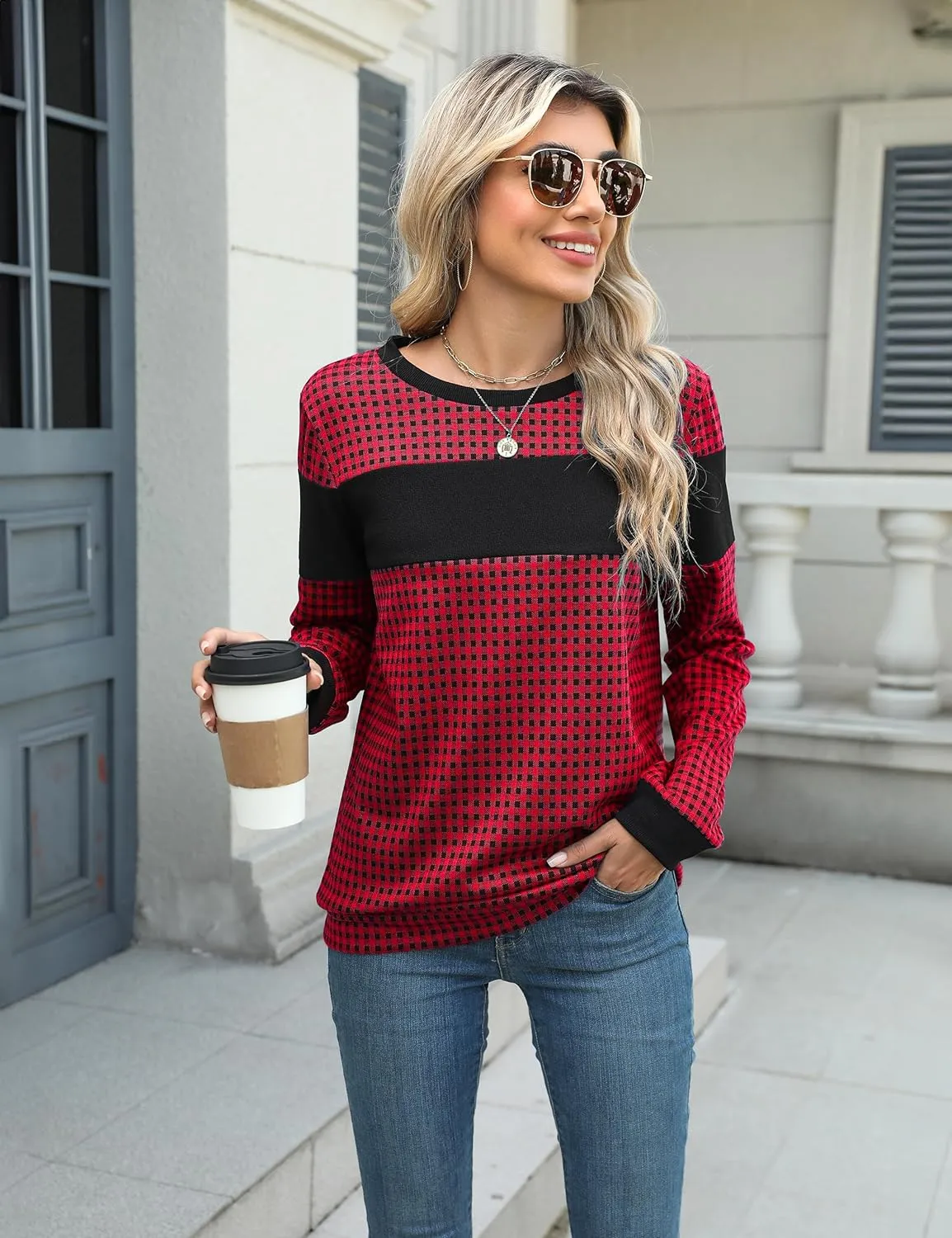 Blooming Jelly Women's Color Block Plaid Shirt Crewneck Sweatshirt Elbow Patches Pullover Sweatshirt Top
