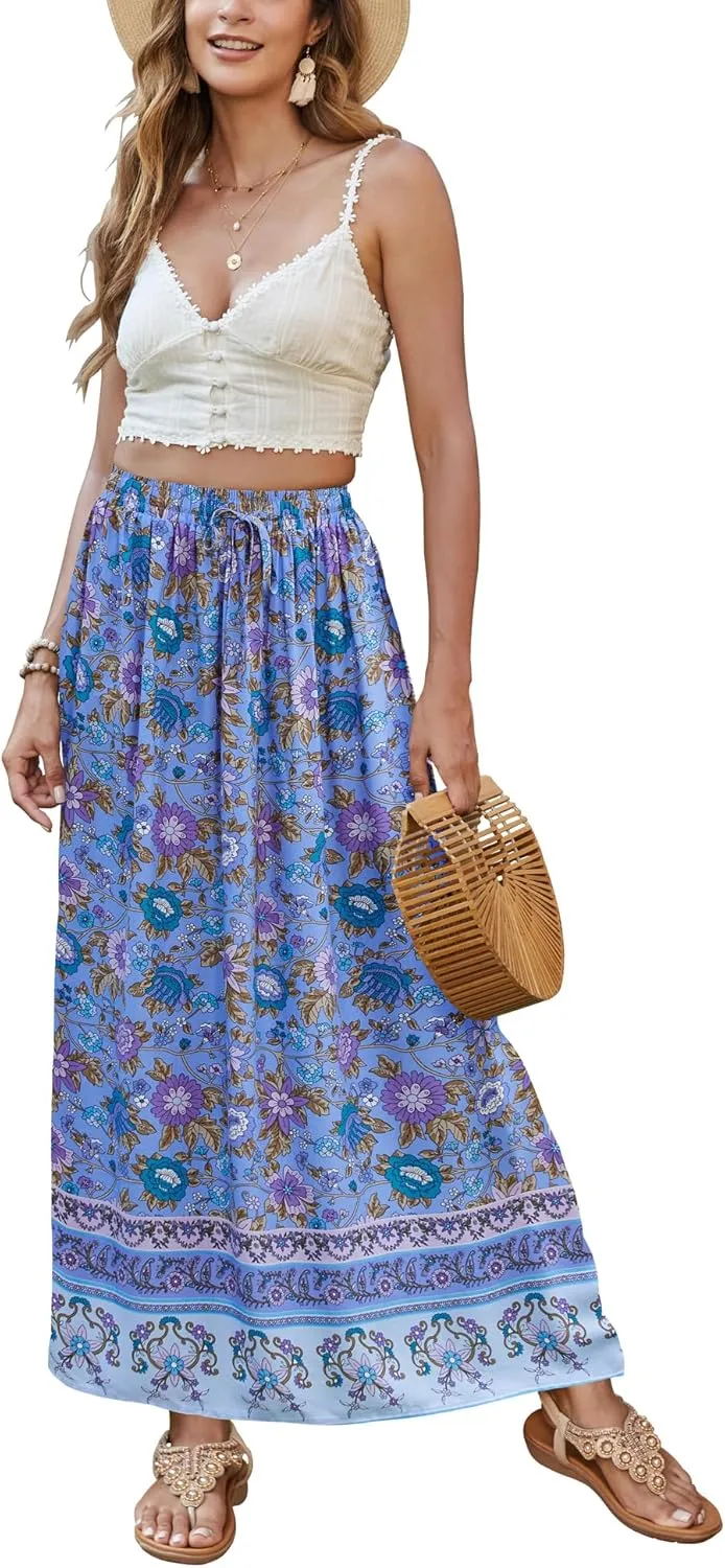 Bluetime Women Floral Print Long Skirt Boho Summer Pleated Elastic High Waisted Casual Maxi Skirt