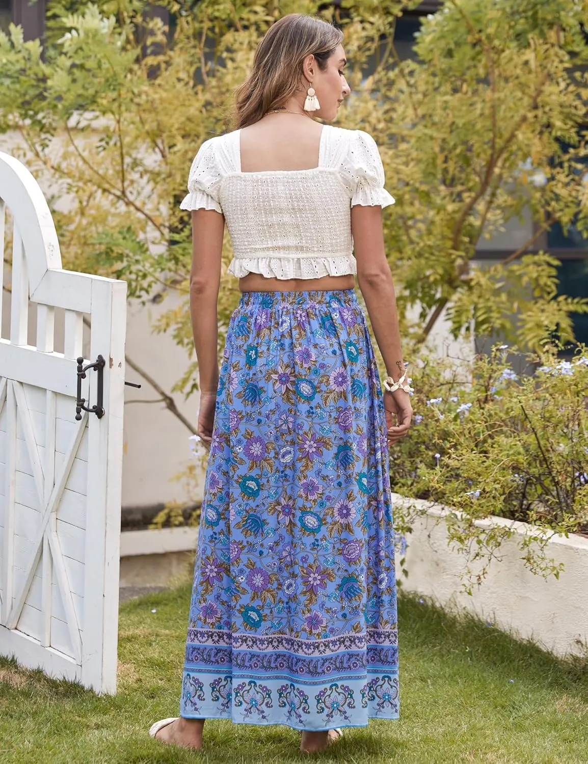 Bluetime Women Floral Print Long Skirt Boho Summer Pleated Elastic High Waisted Casual Maxi Skirt