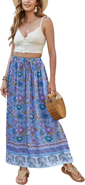 Bluetime Women Floral Print Long Skirt Boho Summer Pleated Elastic High Waisted Casual Maxi Skirt