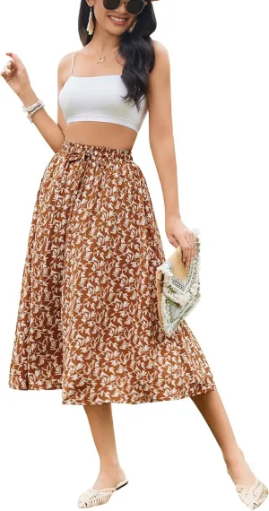Bluetime Women Floral Print Midi Skirt Summer Beach Pleated Elastic High Waisted A Line Skirt
