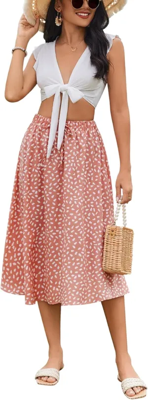 Bluetime Women Floral Print Midi Skirt Summer Beach Pleated Elastic High Waisted A Line Skirt