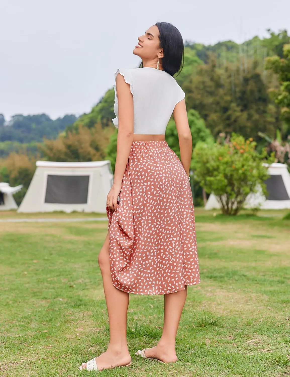 Bluetime Women Floral Print Midi Skirt Summer Beach Pleated Elastic High Waisted A Line Skirt