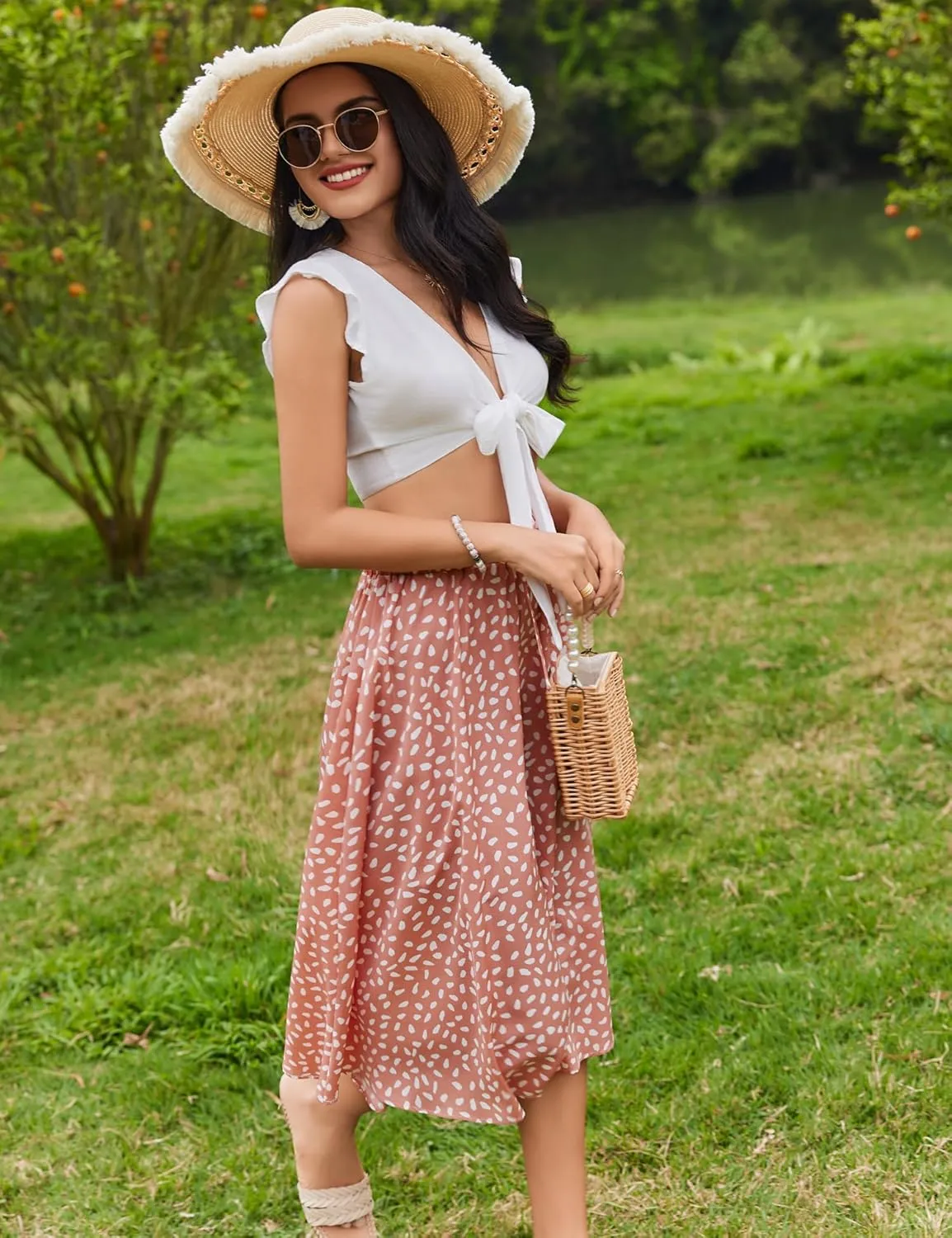 Bluetime Women Floral Print Midi Skirt Summer Beach Pleated Elastic High Waisted A Line Skirt