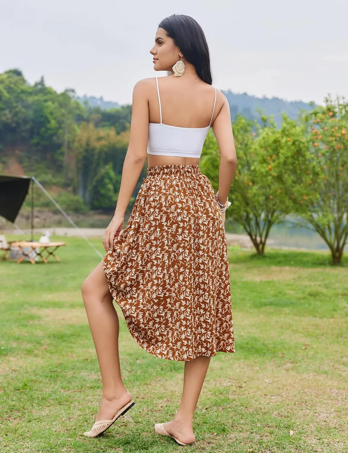 Bluetime Women Floral Print Midi Skirt Summer Beach Pleated Elastic High Waisted A Line Skirt