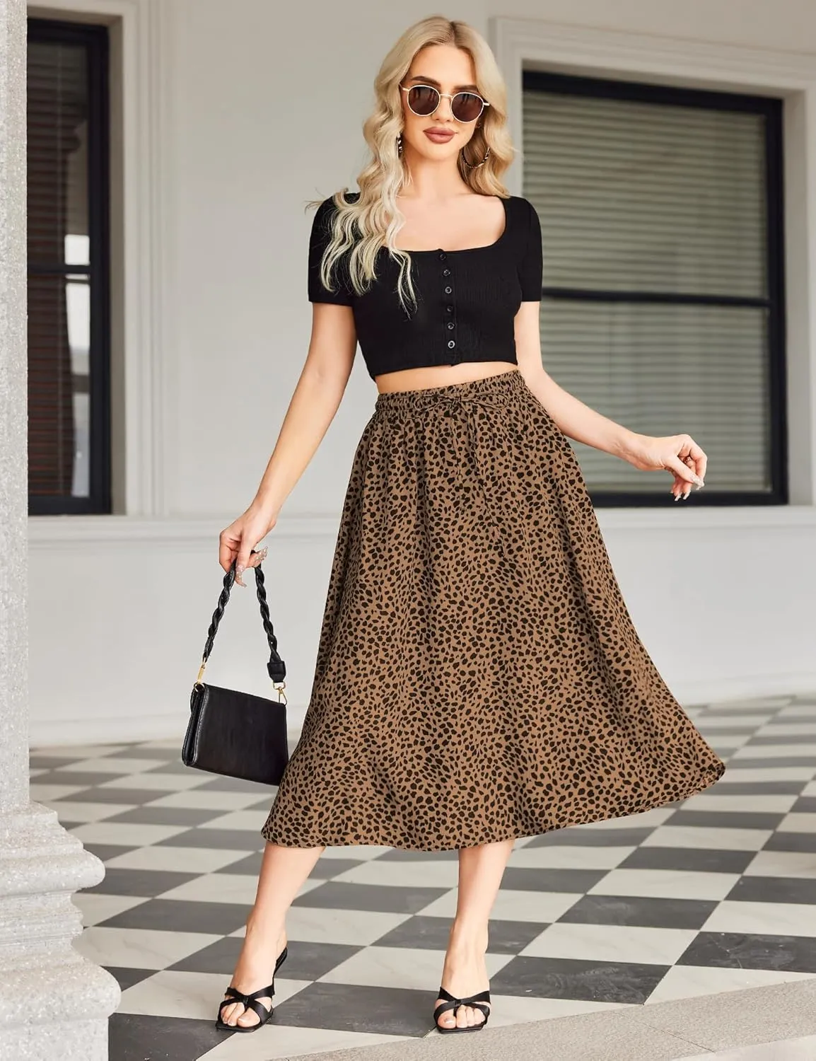Bluetime Women Floral Print Midi Skirt Summer Beach Pleated Elastic High Waisted A Line Skirt