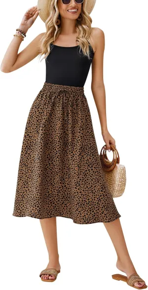 Bluetime Women Floral Print Midi Skirt Summer Beach Pleated Elastic High Waisted A Line Skirt