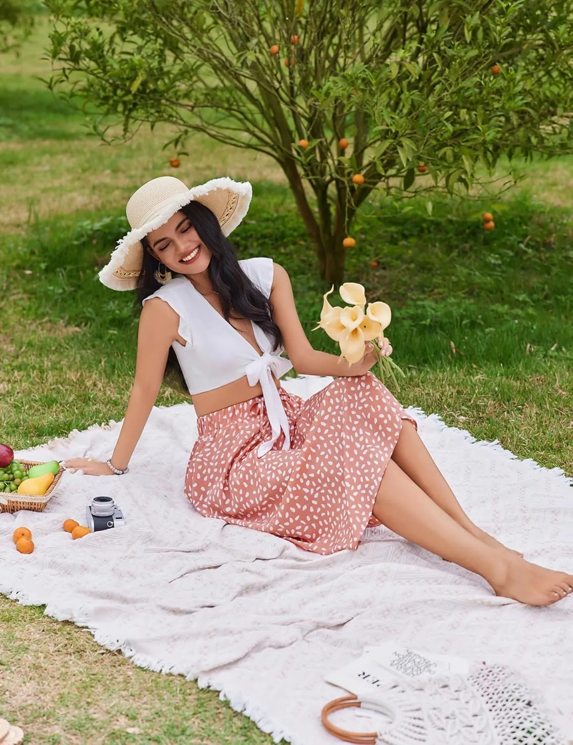 Bluetime Women Floral Print Midi Skirt Summer Beach Pleated Elastic High Waisted A Line Skirt