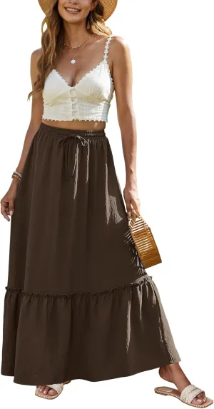 Bluetime Women Flowy Long Skirt Summer Pleated Elastic High Waisted Casual Tiered Maxi Skirt