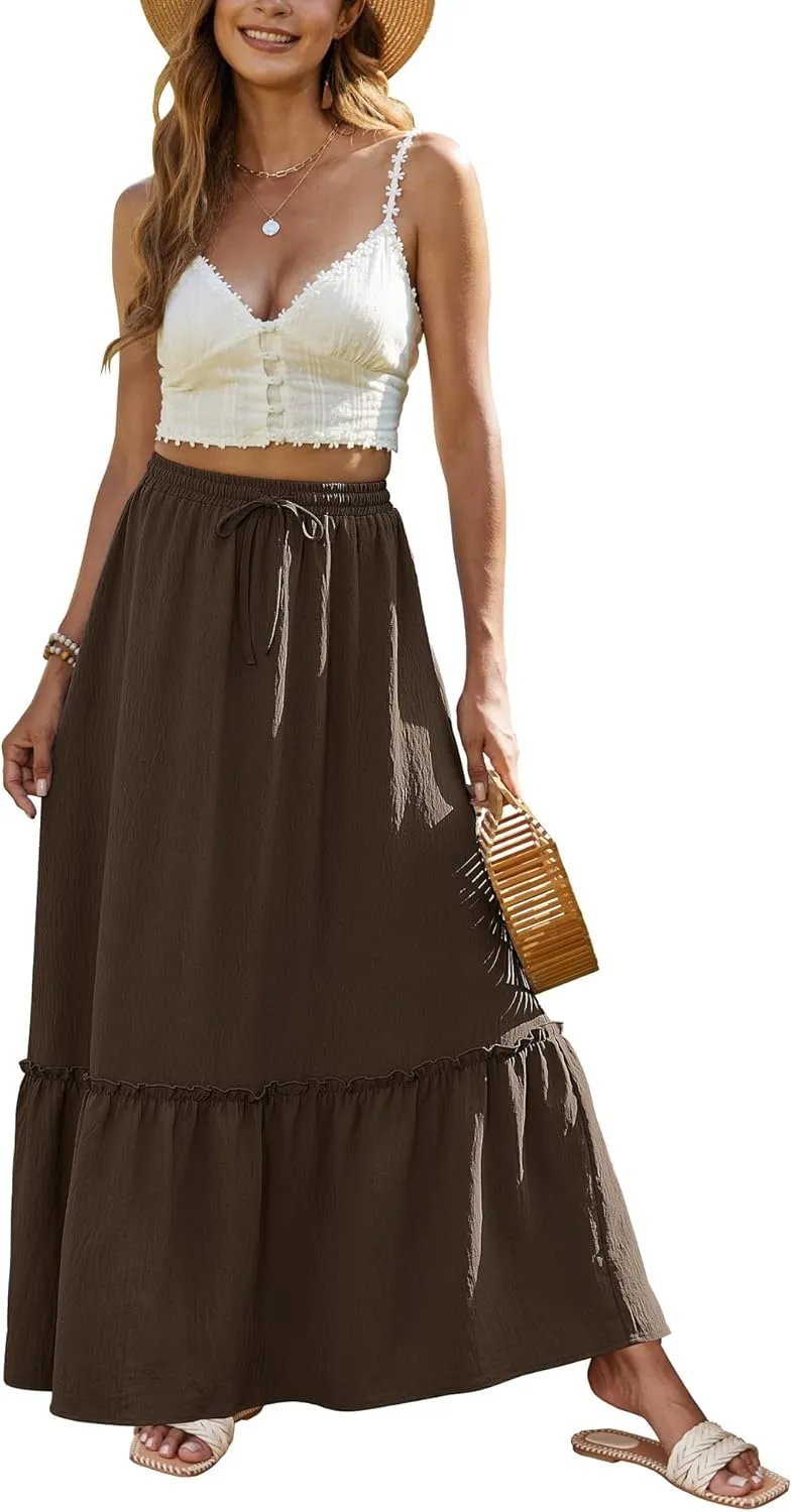 Bluetime Women Flowy Long Skirt Summer Pleated Elastic High Waisted Casual Tiered Maxi Skirt