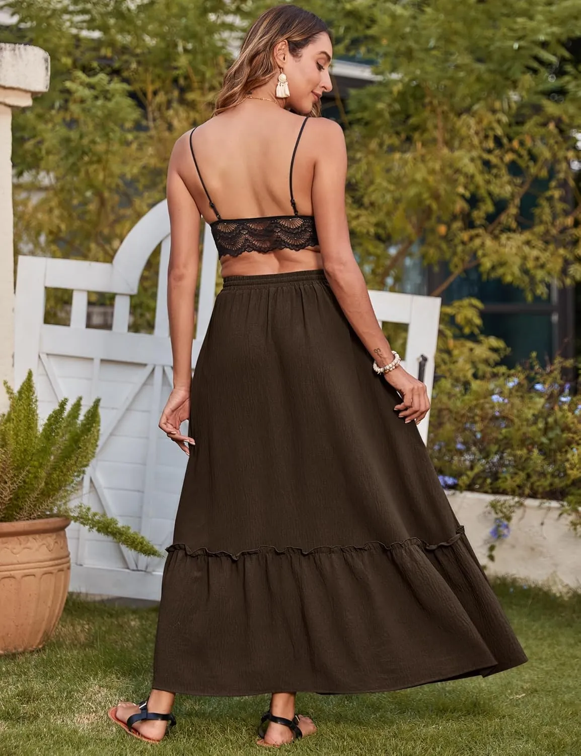 Bluetime Women Flowy Long Skirt Summer Pleated Elastic High Waisted Casual Tiered Maxi Skirt