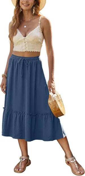 Bluetime Women Flowy Midi Skirt Summer Beach Pleated Elastic High Waisted A Line Tiered Skirt