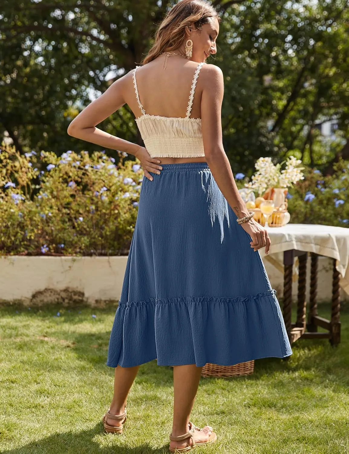 Bluetime Women Flowy Midi Skirt Summer Beach Pleated Elastic High Waisted A Line Tiered Skirt