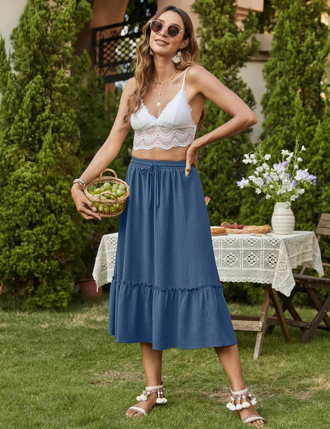 Bluetime Women Flowy Midi Skirt Summer Beach Pleated Elastic High Waisted A Line Tiered Skirt