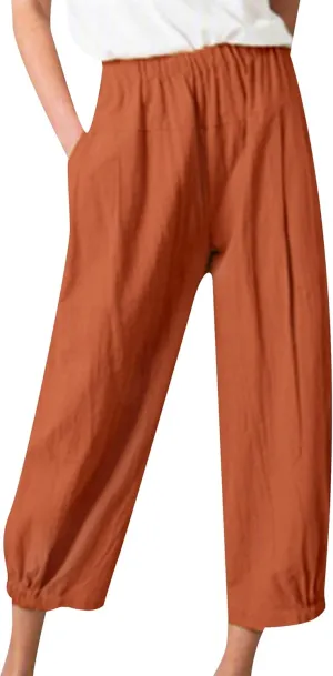 BOFETA Women Casual Cotton and Linen Pants Solid Color Cropped Trousers Elastic Waist Loose Pant