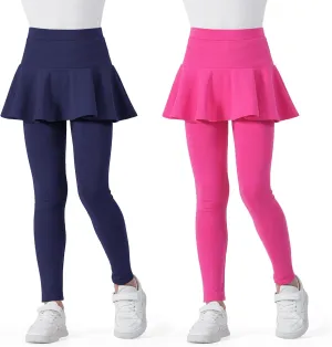 BOOPH 2 Pack Girls Leggings with Skirt Cotton Ruffle Tutu Uniform Pants 3-10 Years