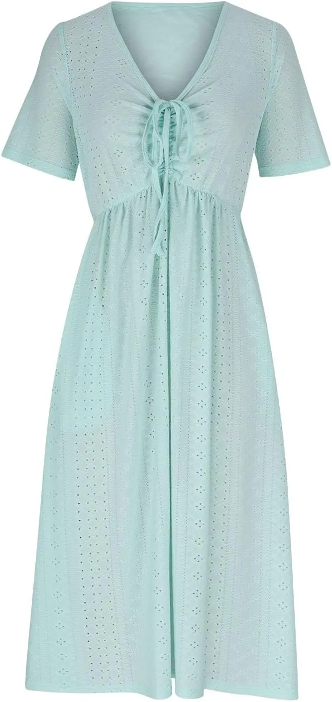 Borniu Dresses for Women Boho Eyelet Solid V Neck Tie Knot Short Sleeve Dress Flowy Beach Vacation Midi Dress with Pockets