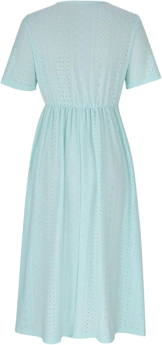 Borniu Dresses for Women Boho Eyelet Solid V Neck Tie Knot Short Sleeve Dress Flowy Beach Vacation Midi Dress with Pockets