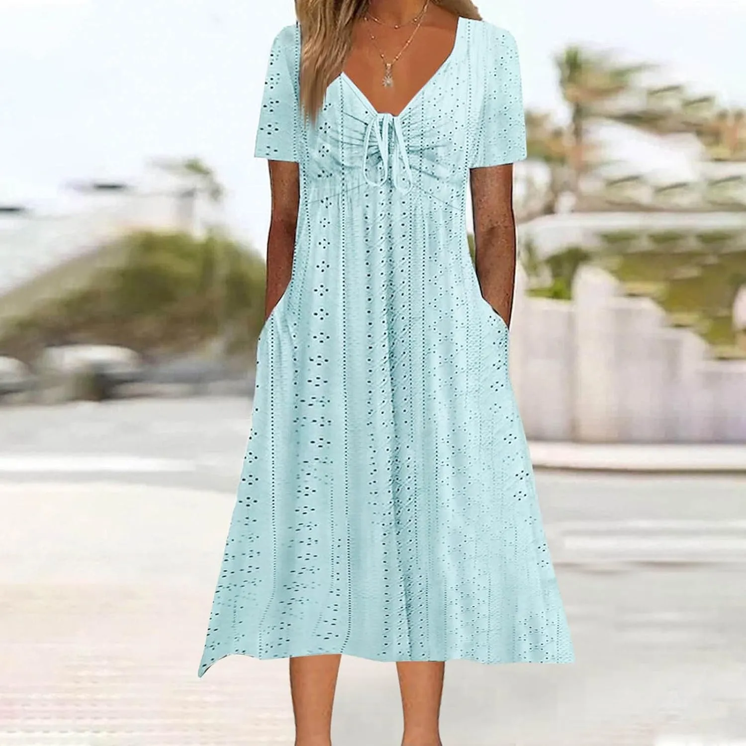 Borniu Dresses for Women Boho Eyelet Solid V Neck Tie Knot Short Sleeve Dress Flowy Beach Vacation Midi Dress with Pockets