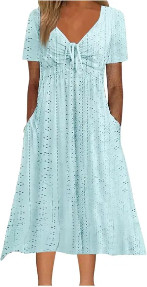 Borniu Dresses for Women Boho Eyelet Solid V Neck Tie Knot Short Sleeve Dress Flowy Beach Vacation Midi Dress with Pockets