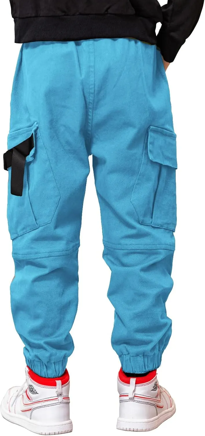 Boys Cargo Pants Cotton Casual Pants Elastic Waist Hiking School Uniform Sweatpants Joggers