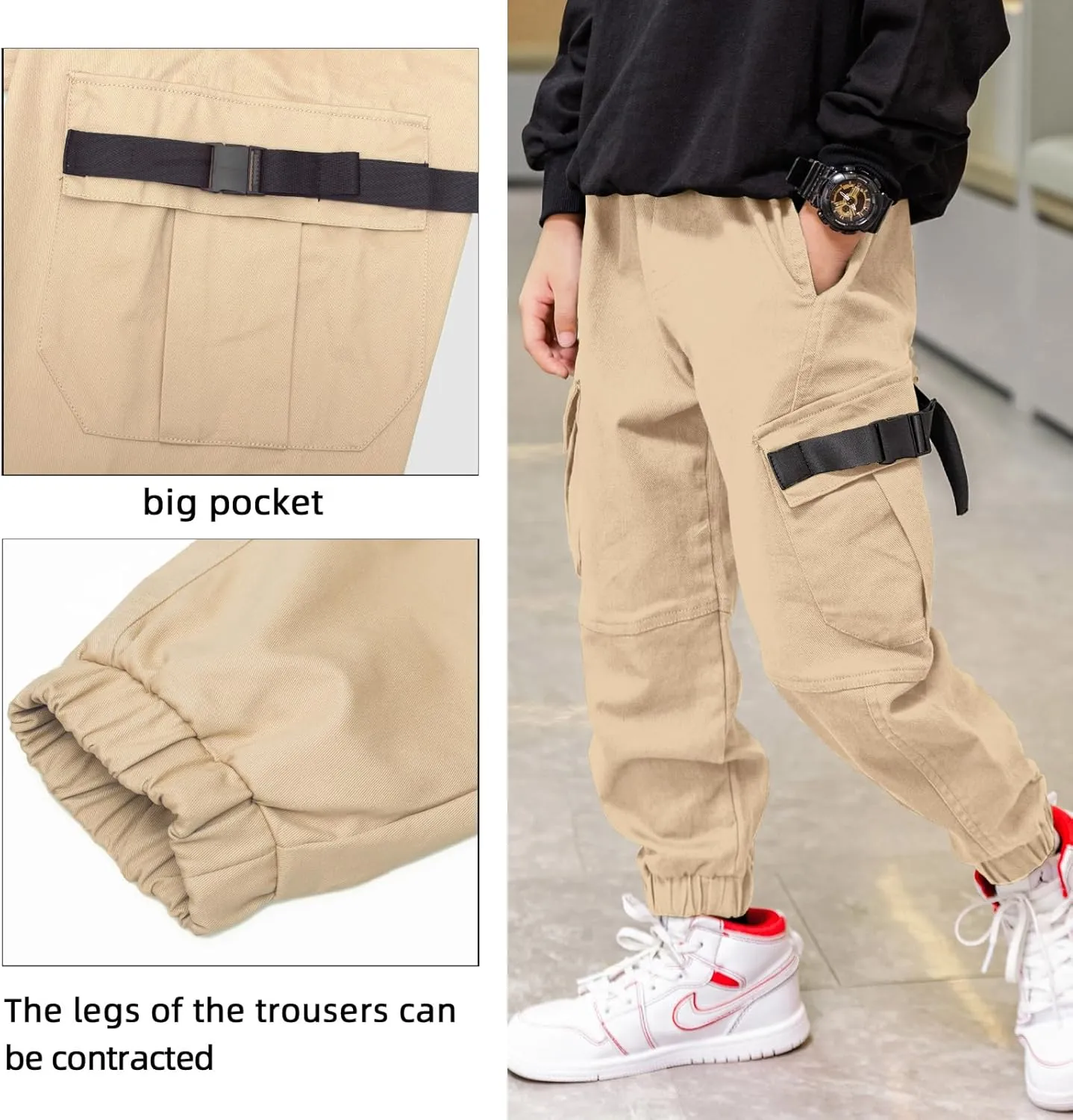 Boys Cargo Pants Cotton Casual Pants Elastic Waist Hiking School Uniform Sweatpants Joggers