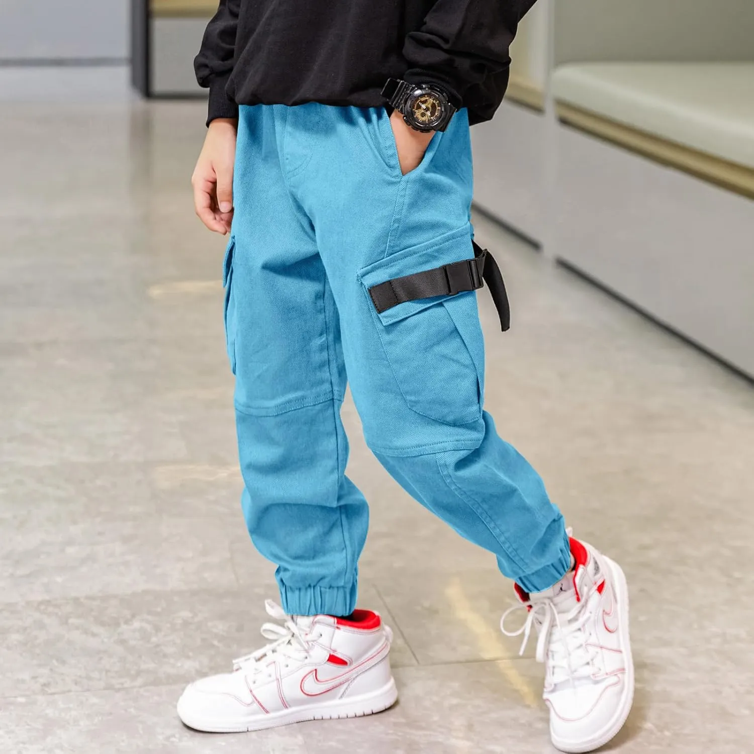 Boys Cargo Pants Cotton Casual Pants Elastic Waist Hiking School Uniform Sweatpants Joggers