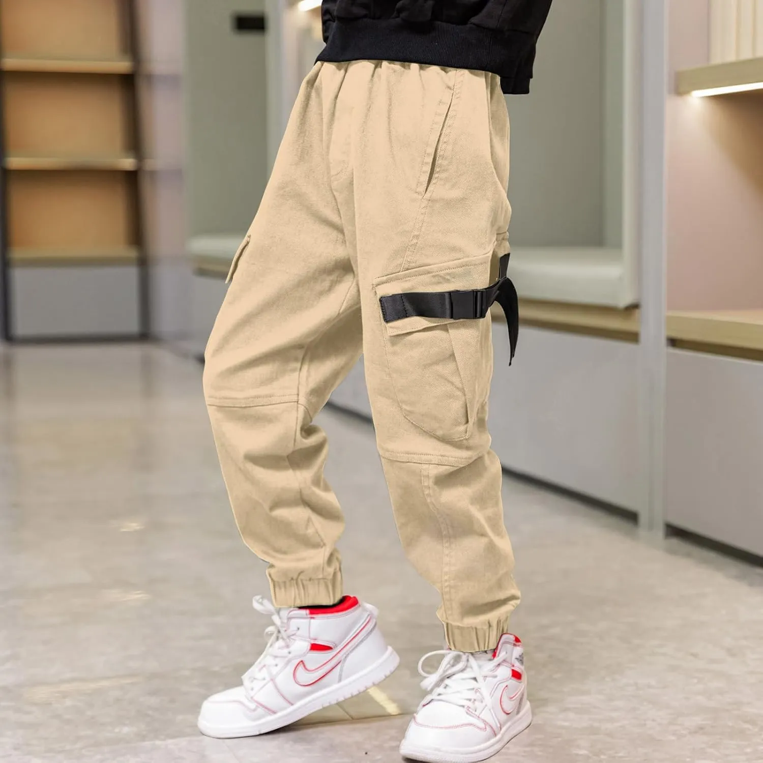 Boys Cargo Pants Cotton Casual Pants Elastic Waist Hiking School Uniform Sweatpants Joggers