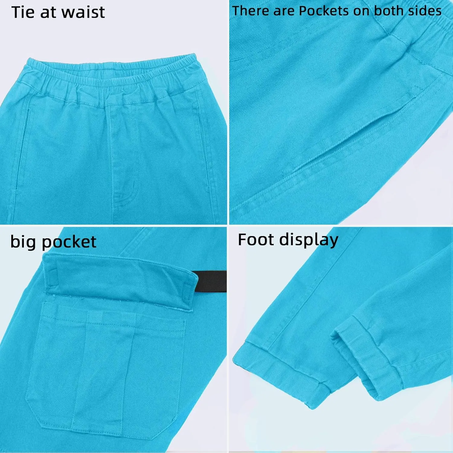 Boys Cargo Pants Cotton Casual Pants Elastic Waist Hiking School Uniform Sweatpants Joggers
