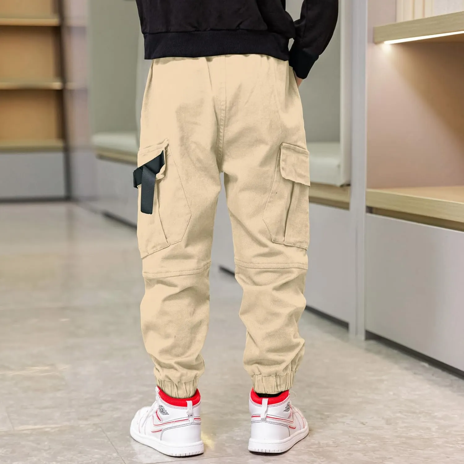 Boys Cargo Pants Cotton Casual Pants Elastic Waist Hiking School Uniform Sweatpants Joggers