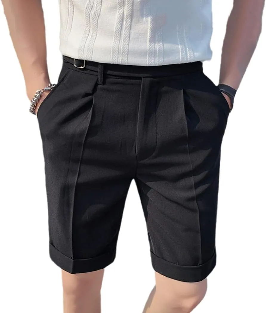 British Style Summer Slim Fit Business Suit Shorts Men Simple Knee Length Casual Straight Formal Wear Short Black