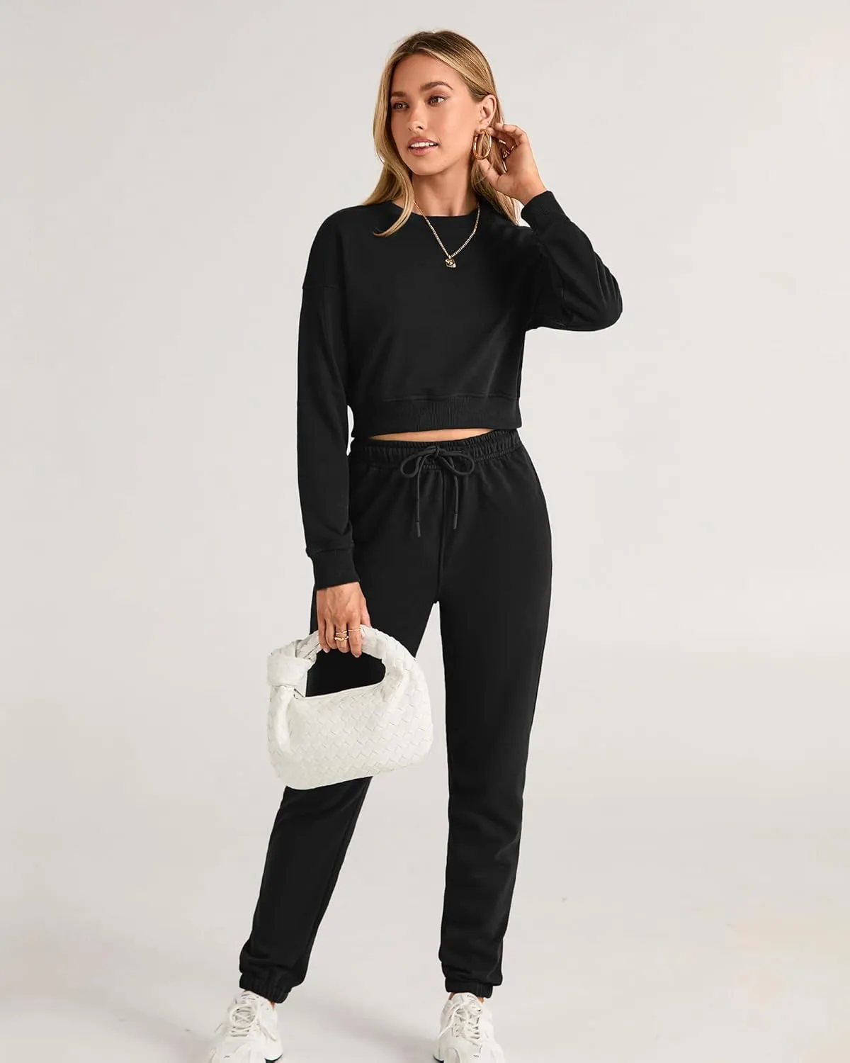 BTFBM Women 2 Piece Outfits Long Sleeve Crop Top Pullover Drawstring Pant Jogger Set Casual Sweatsuits Tracksuit Pockets