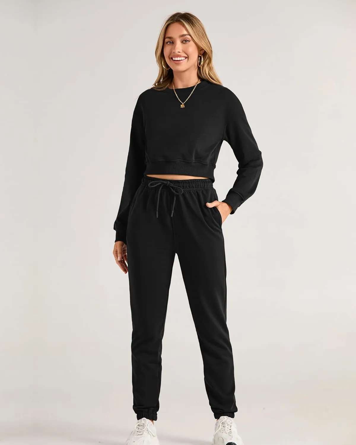 BTFBM Women 2 Piece Outfits Long Sleeve Crop Top Pullover Drawstring Pant Jogger Set Casual Sweatsuits Tracksuit Pockets