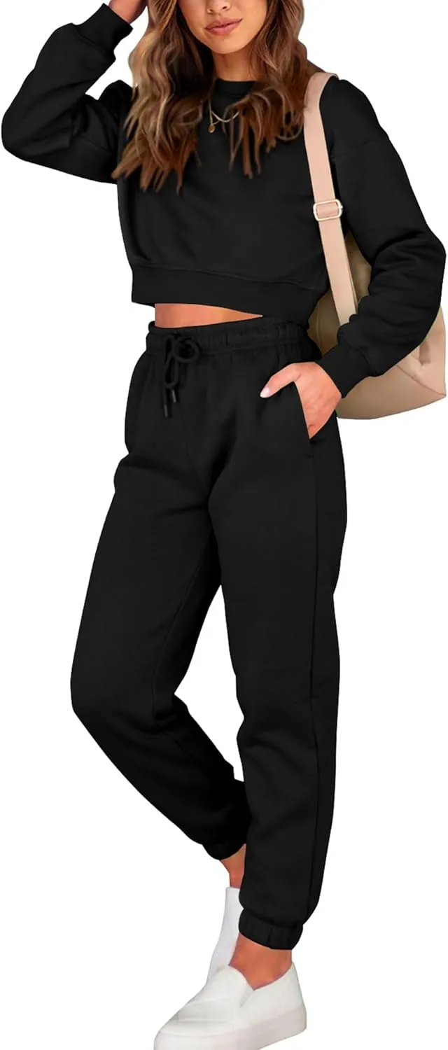 BTFBM Women 2 Piece Outfits Long Sleeve Crop Top Pullover Drawstring Pant Jogger Set Casual Sweatsuits Tracksuit Pockets