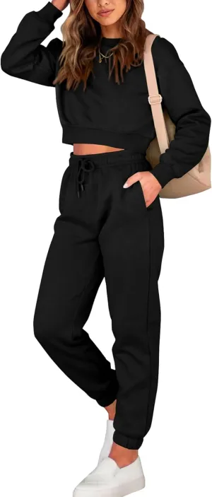 BTFBM Women 2 Piece Outfits Long Sleeve Crop Top Pullover Drawstring Pant Jogger Set Casual Sweatsuits Tracksuit Pockets