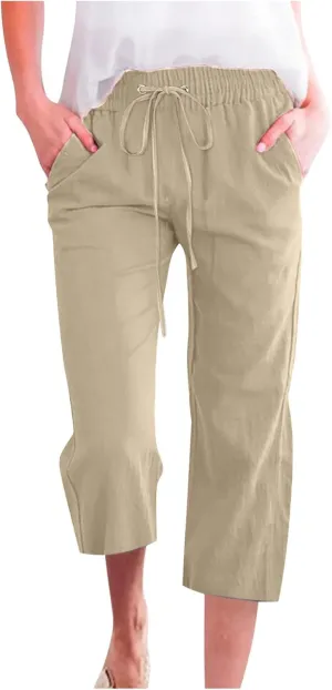 Capri Pants for Women 2025 Summer Drawstring Elastic High Waist Casual Capris Straight Wide Leg Cotton Linen Pants