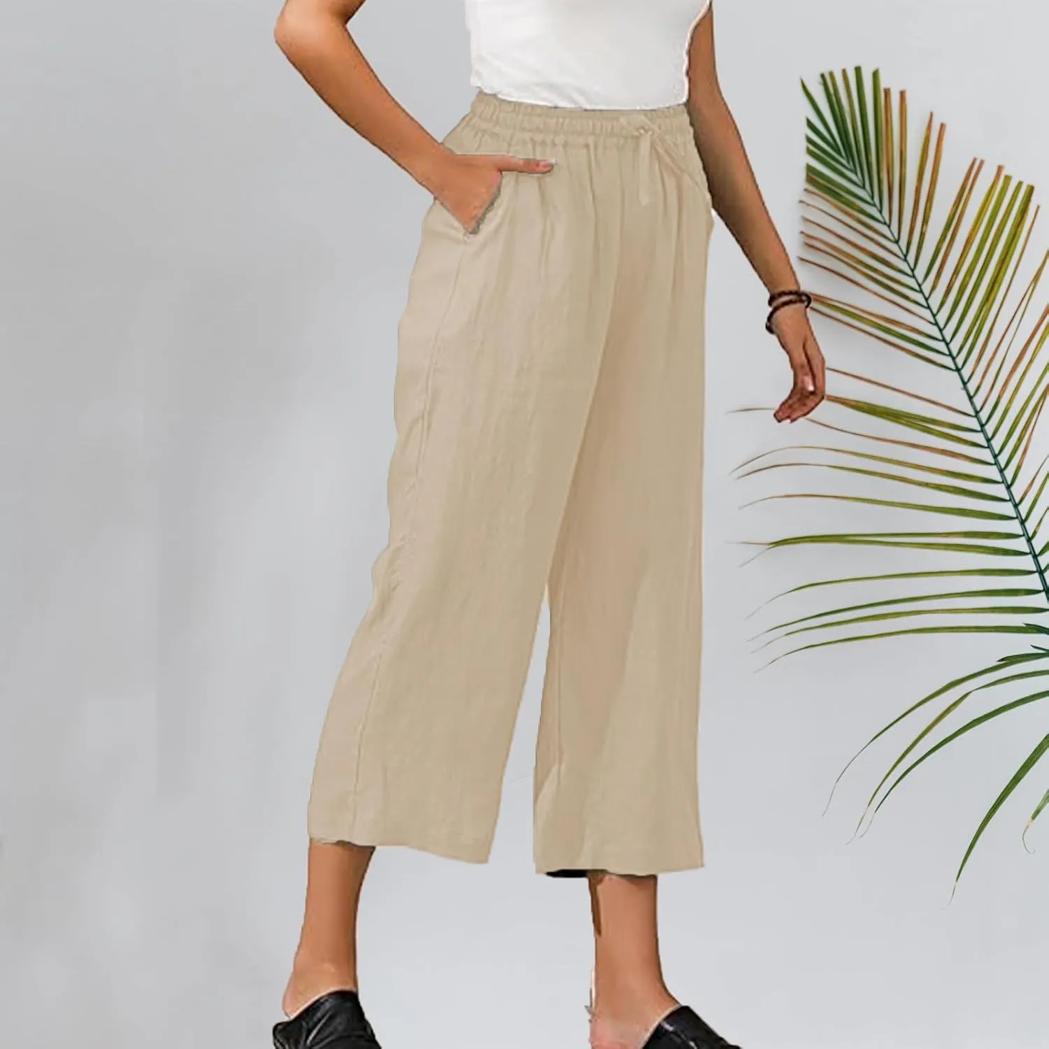 Capri Pants for Women 2025 Summer Drawstring Elastic High Waist Casual Capris Straight Wide Leg Cotton Linen Pants